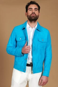 Türkisfarbene Wildlederjacke Bikerlederjacke Mit Knöpfen Und Hemdkragen -D’ARIENZO Verkäufe wildlederjacke fur herren bikerjacke echte leder turkisfarbene Akyo 3