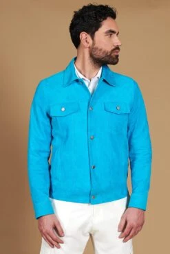 Türkisfarbene Wildlederjacke Bikerlederjacke Mit Knöpfen Und Hemdkragen -D’ARIENZO Verkäufe wildlederjacke fur herren bikerjacke echte leder turkisfarbene Akyo 4