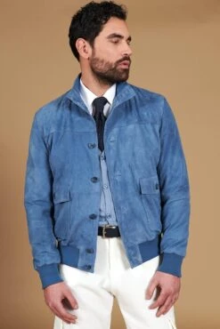 Blaue Denim Wildlederjacke Mit Knöpfen Aufgesetzten Taschen