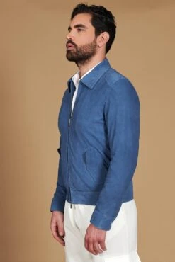 Denimblaue Wildlederjacke Mit Handgesticktem Hemdkragen -D’ARIENZO Verkäufe wildlederjacke herren echtes leder denim blaue Owen 6