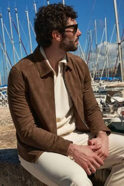 Taupe Farbe Wildlederjacke Mit Handgesticktem Hemdkragen -D’ARIENZO Verkäufe wildlederjacke herren echtes leder taupe farbe Owen 2